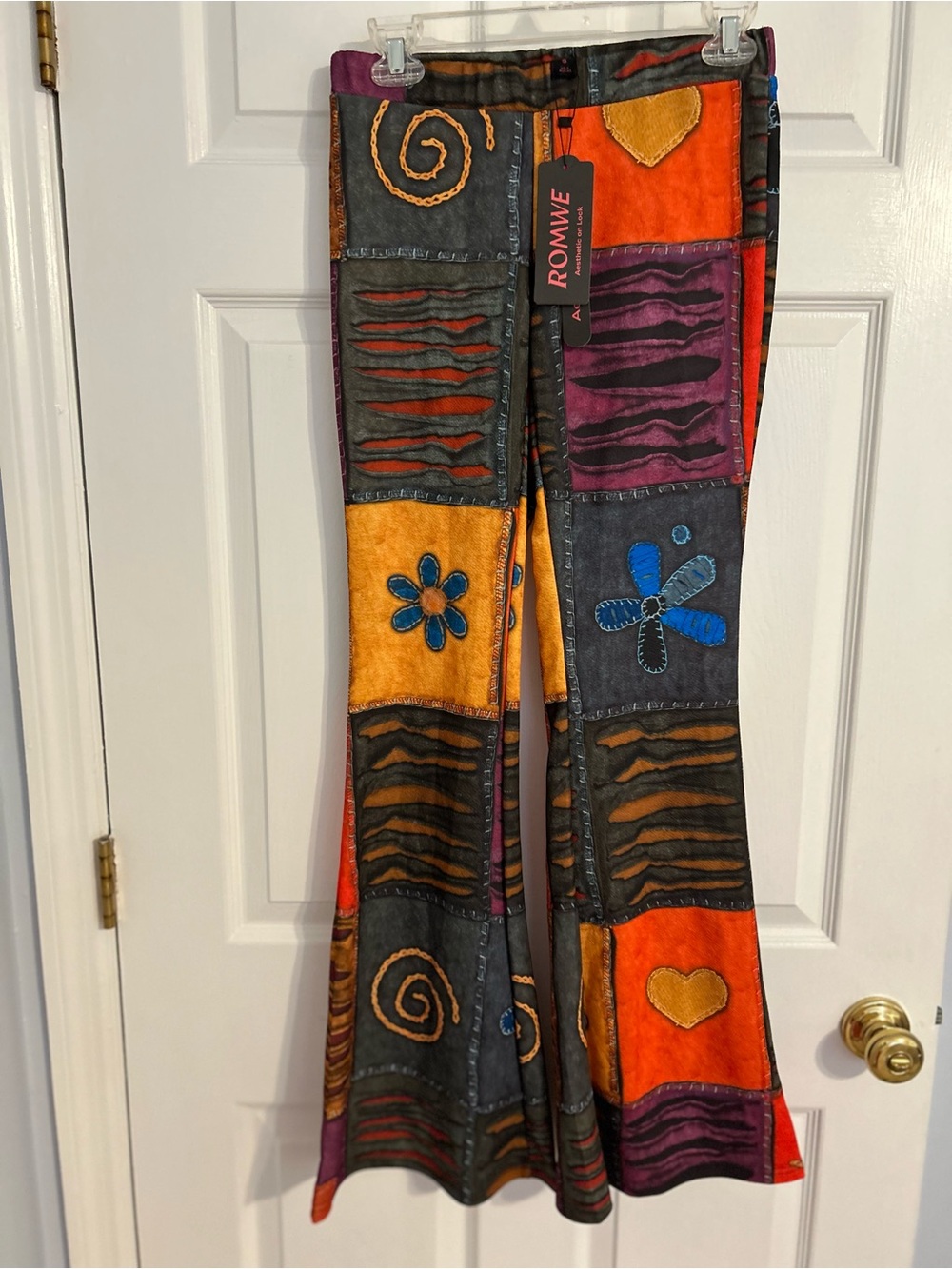 ROMWE Colorblock Patchwork Flared Pants in Orange, Purple, Blue, Yellow, Gray